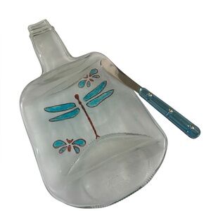 Glass Flattened Bottle Cheese Board with Dragonfly design and spreader-Unique